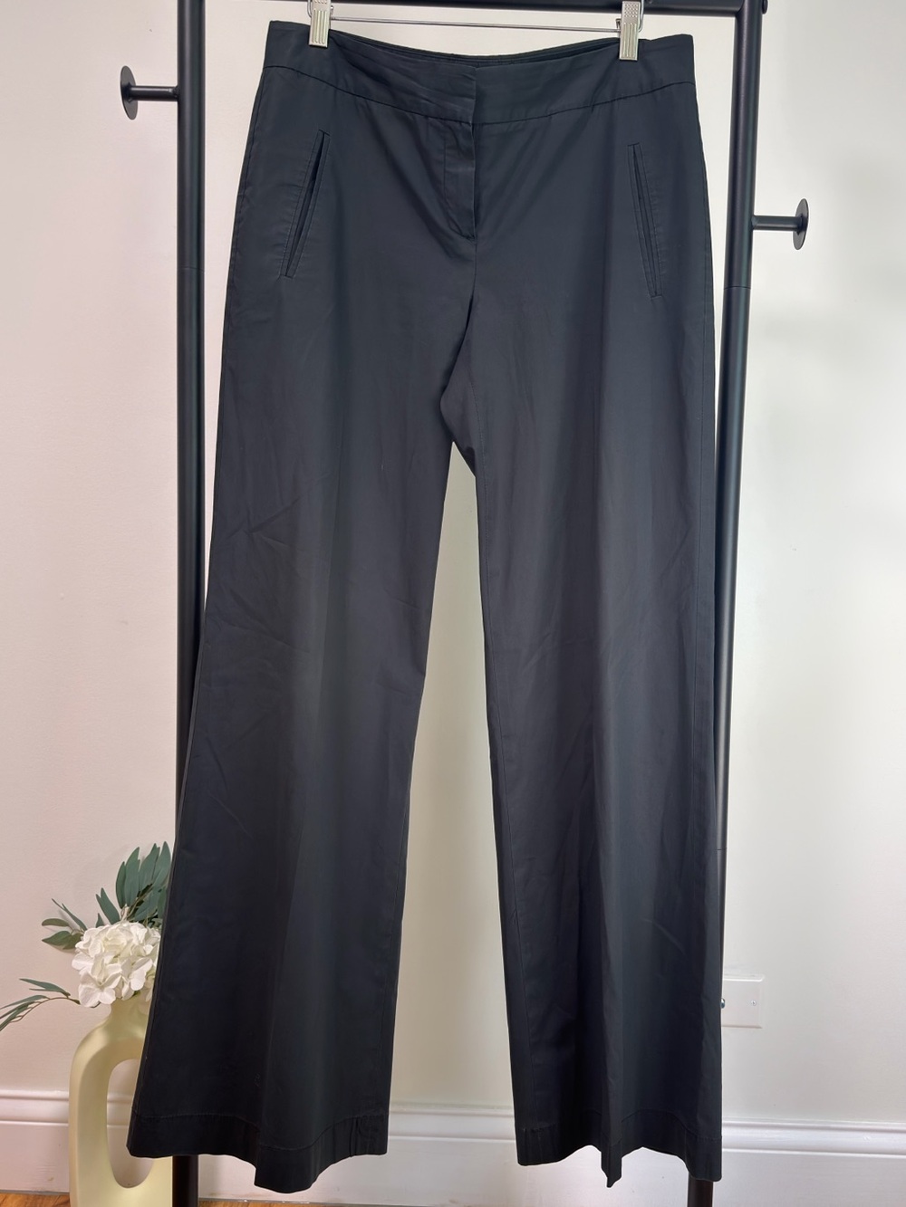 Theory Black Wide Leg Trousers Cotton Blend Tailored Career Work Pants Size 10